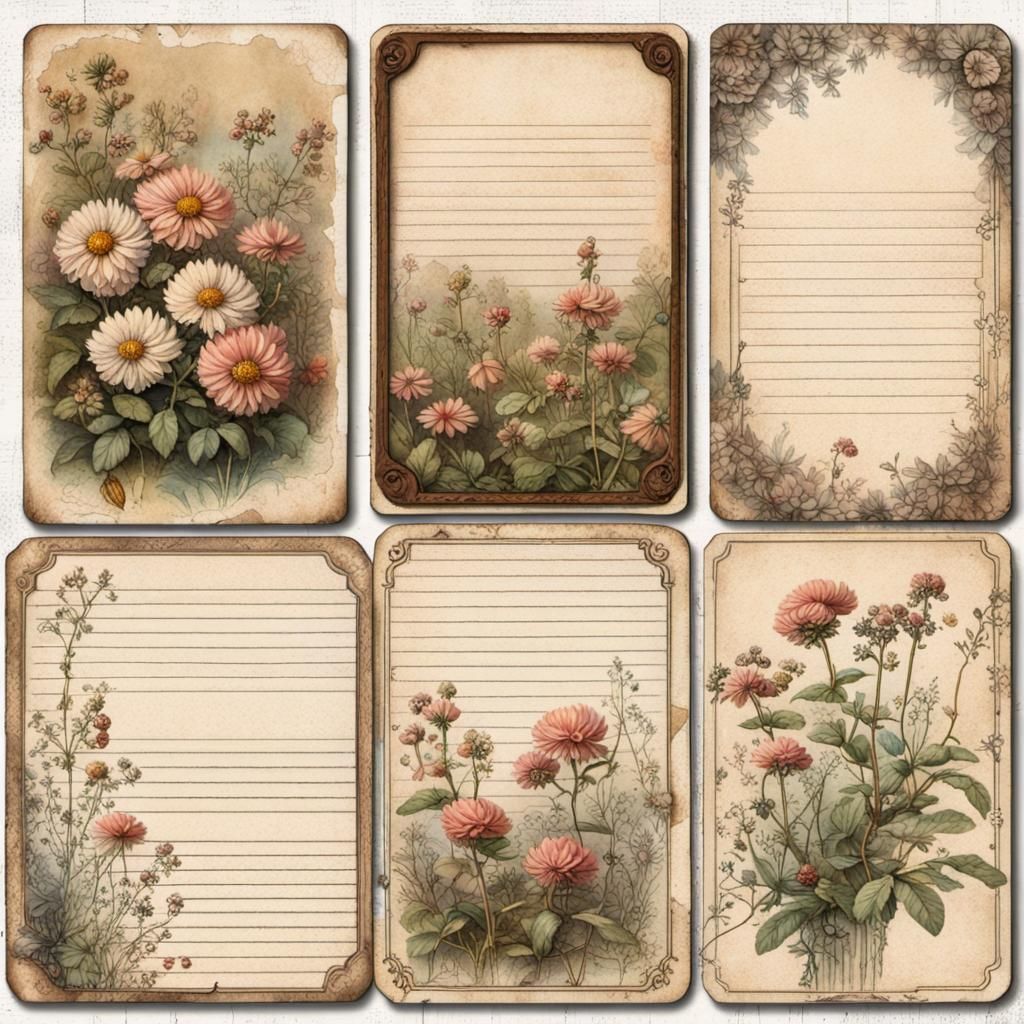 Vintage Fine Art Journal Cards with Pen Illustrations