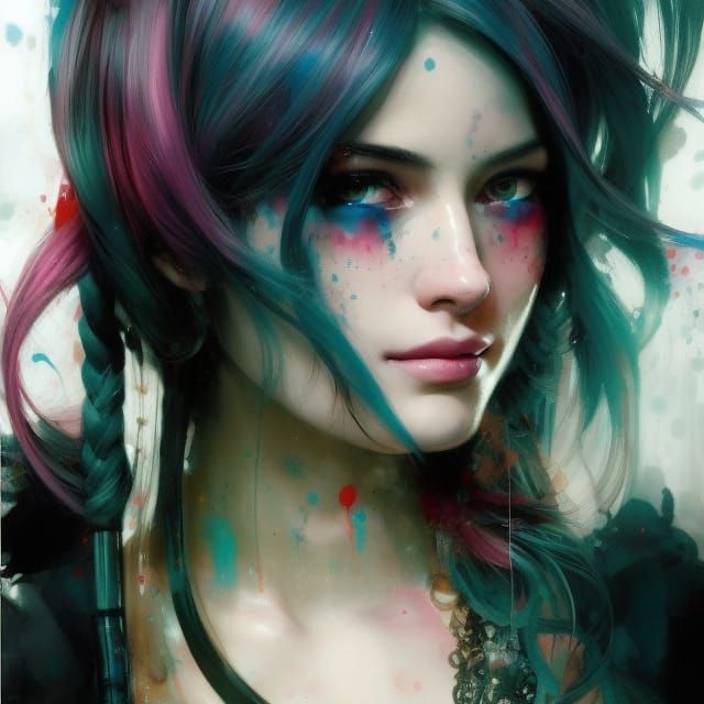 Pink-Haired Girl Portrait in Maximalist Ink Style