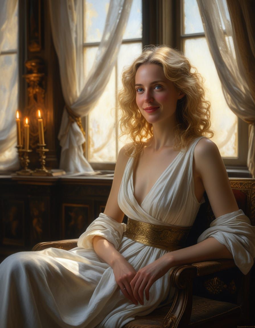 Ethereal Lady of the Moonlit Library in Chiaroscuro Style