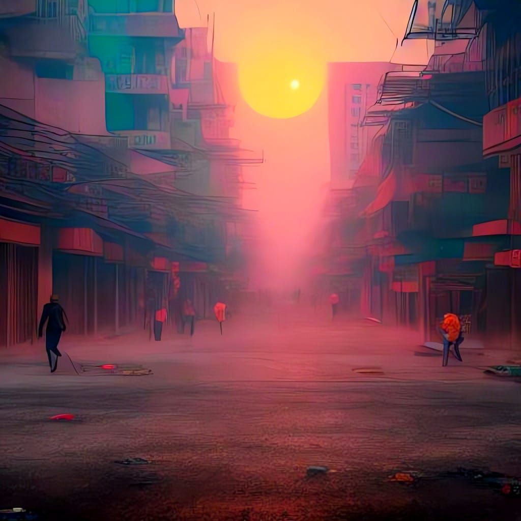 Dystopian Chinese Cityscape at Sunset in Hyperrealistic Styl...