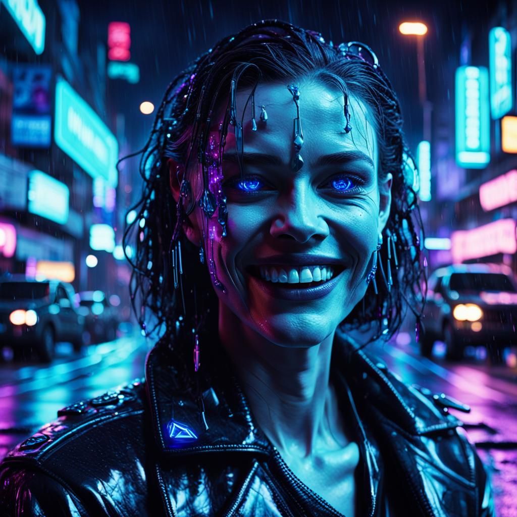 Cyberpunk Woman with Diamond Teeth in Neon City