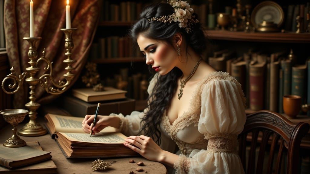 Elegant Lady Lost in 17th-Century Study