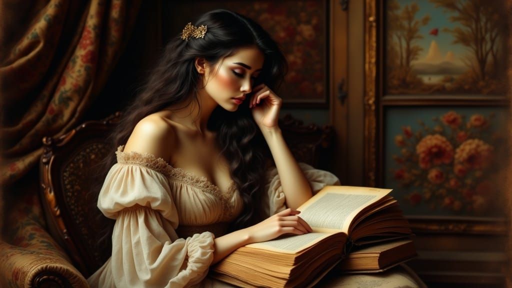 A Woman Lost in 17th-Century Study's Introspective Ambiance