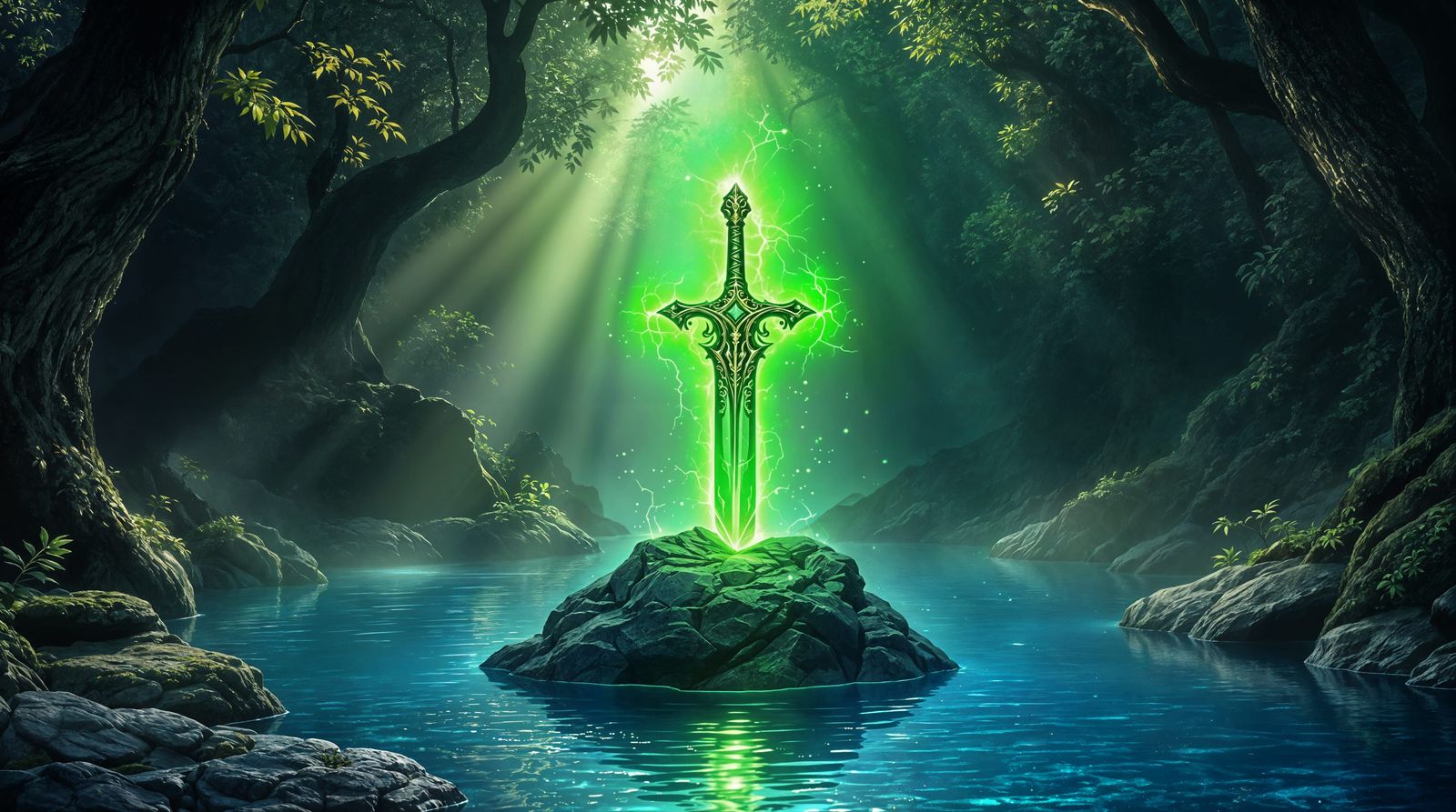 Surreal Fantasy Scene with Glowing Green Sword in an Enchant...