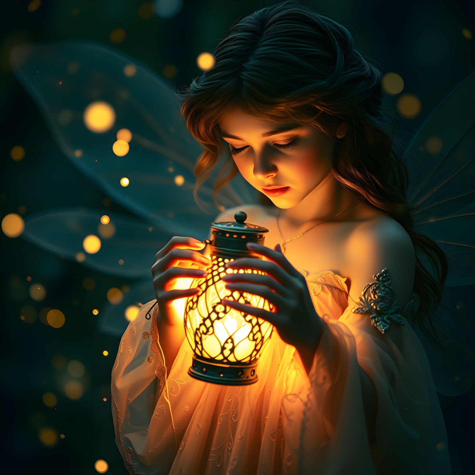 Cinematic Fairy with Fireflies in a Lantern
