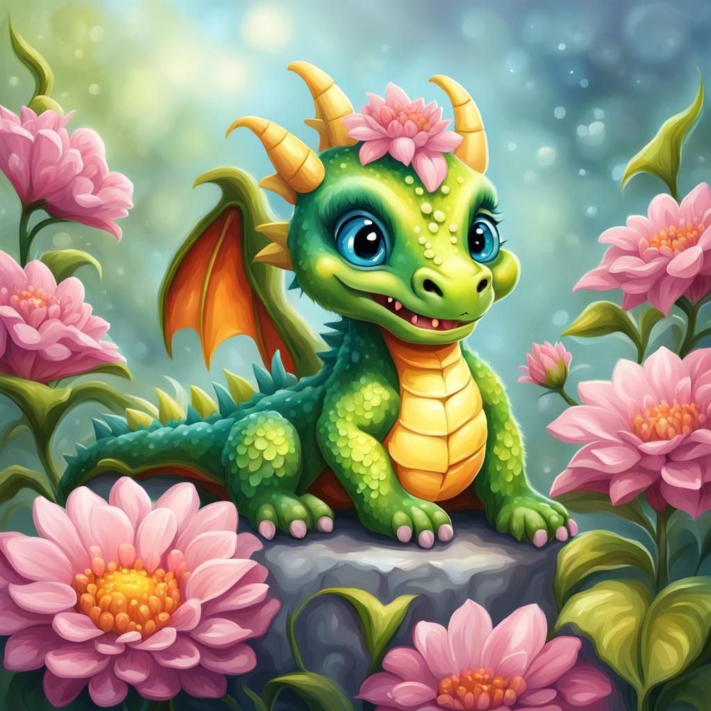 Adorable Baby Dragon on Flower, Detailed Digital Painting