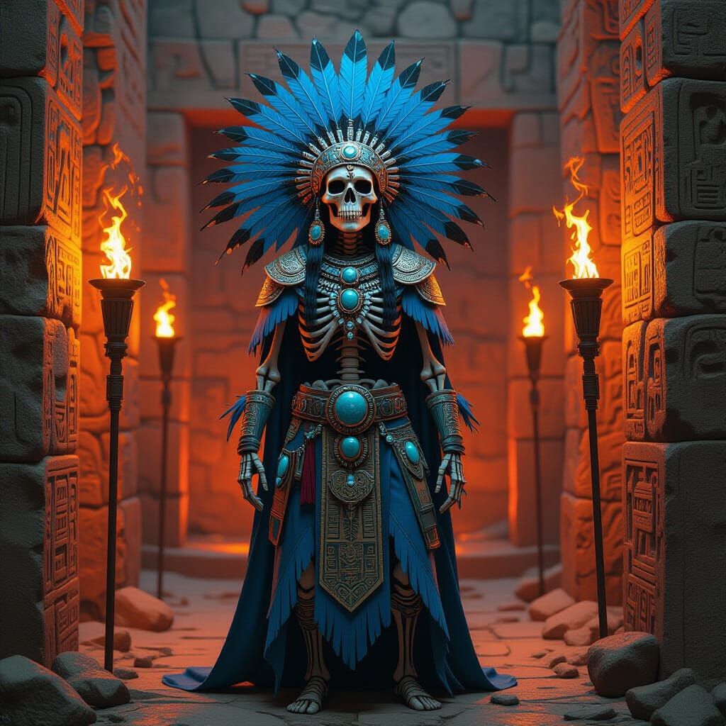 Skeletal Aztec Warrior in Ornate Regalia