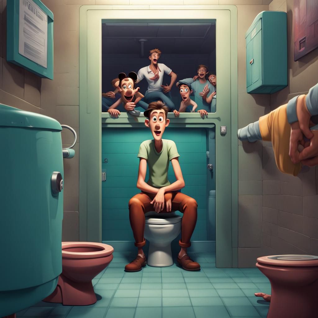 Humorous Disney Style Movie Poster: Shocked Man on Toilet