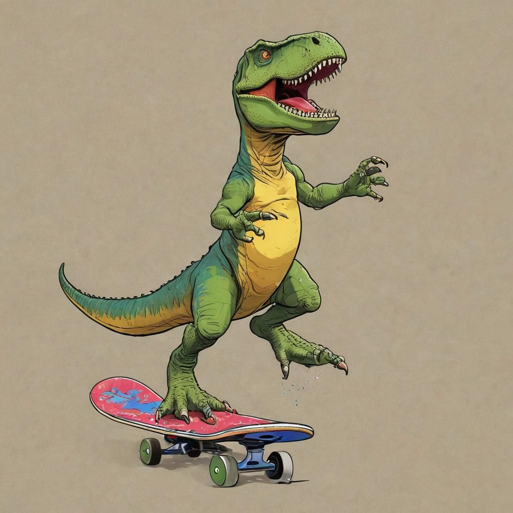 T-Rex Skateboarding Trick in Cartoon Ink Style