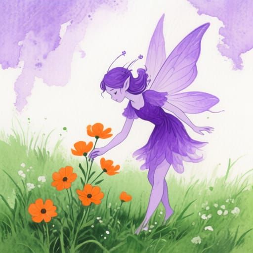 Purple Fairy in Enchanted Meadow Watercolor Art