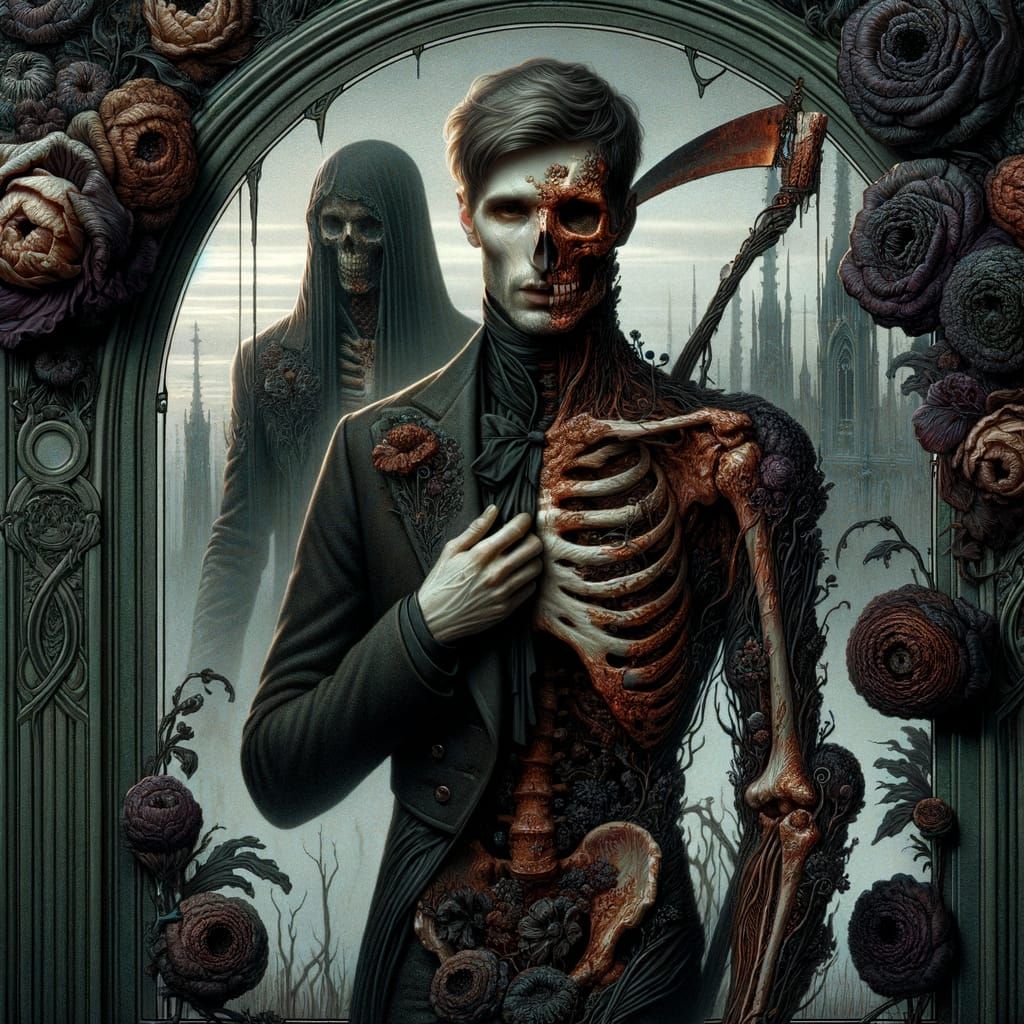 Art Nouveau Grim Reaper in Decaying Garden