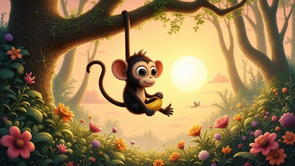 Whimsical Jungle Monkey with Shiny Eyes and Banana