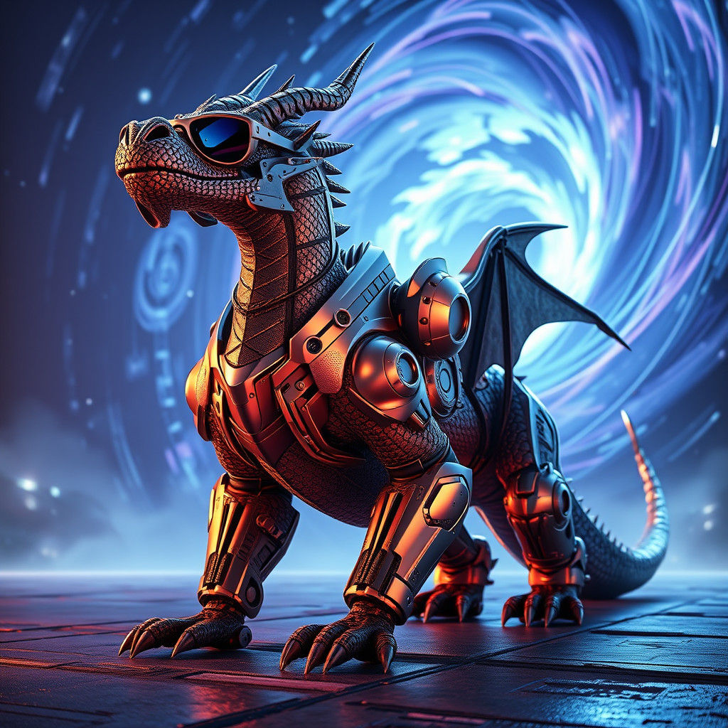 Futuristic Dragon in Exosuit and Sunglasses