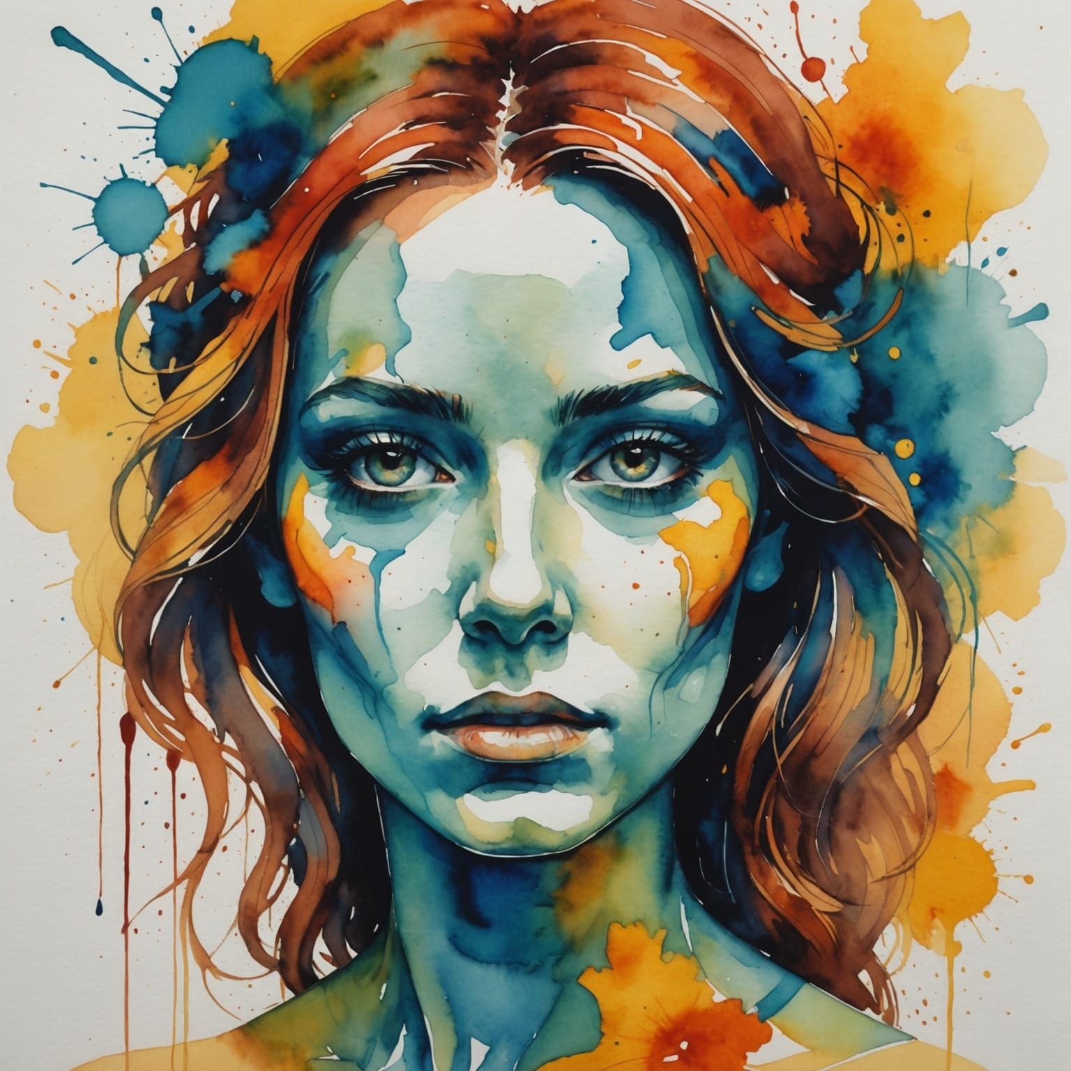 Melancholic Woman Portrait in Solar Punk Watercolor