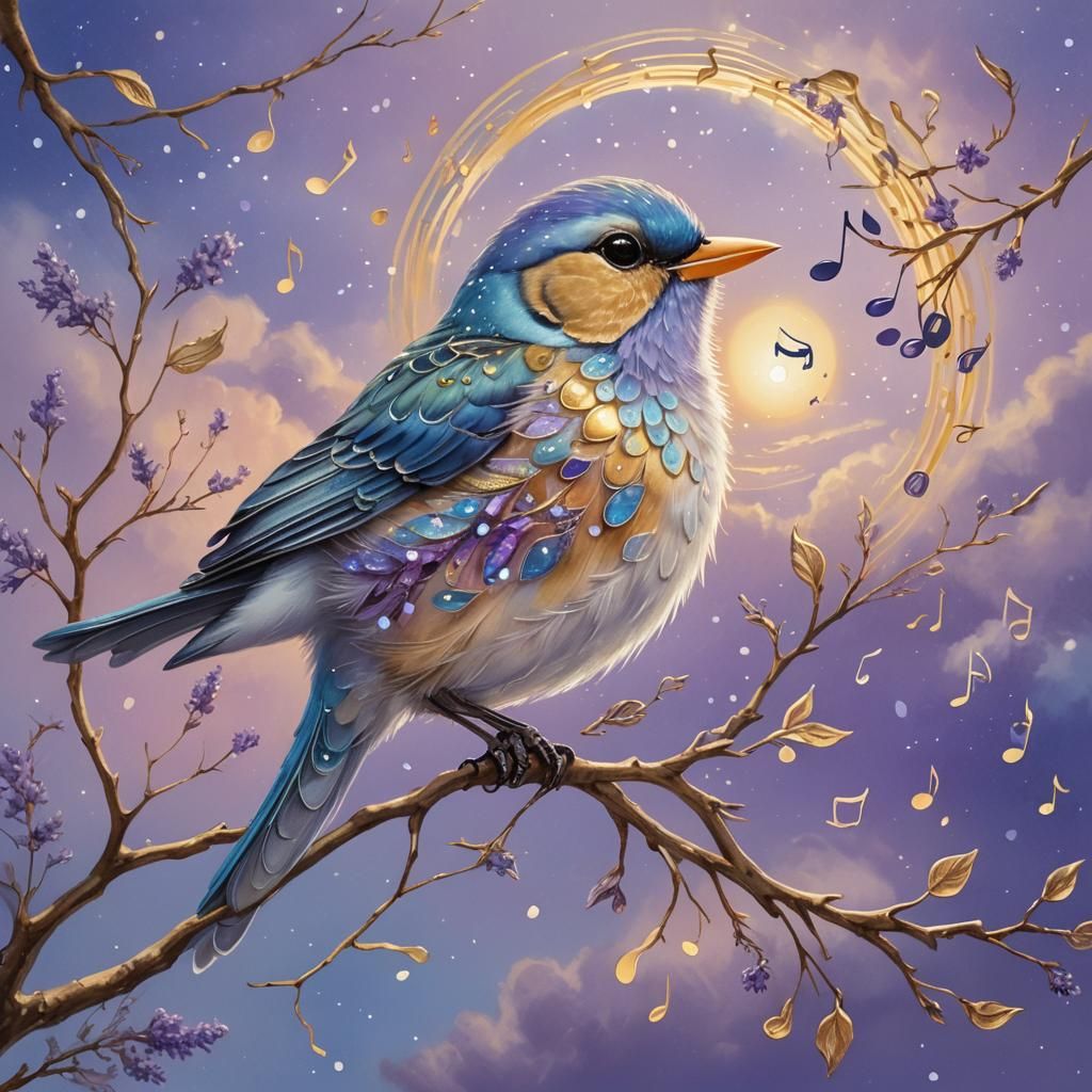 Bird Singing Musical Notes in Magical Realism Style