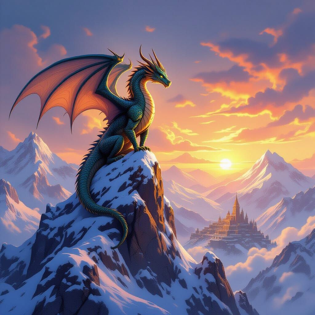 Majestic Dragon at Dawn over Fantasy Kingdom