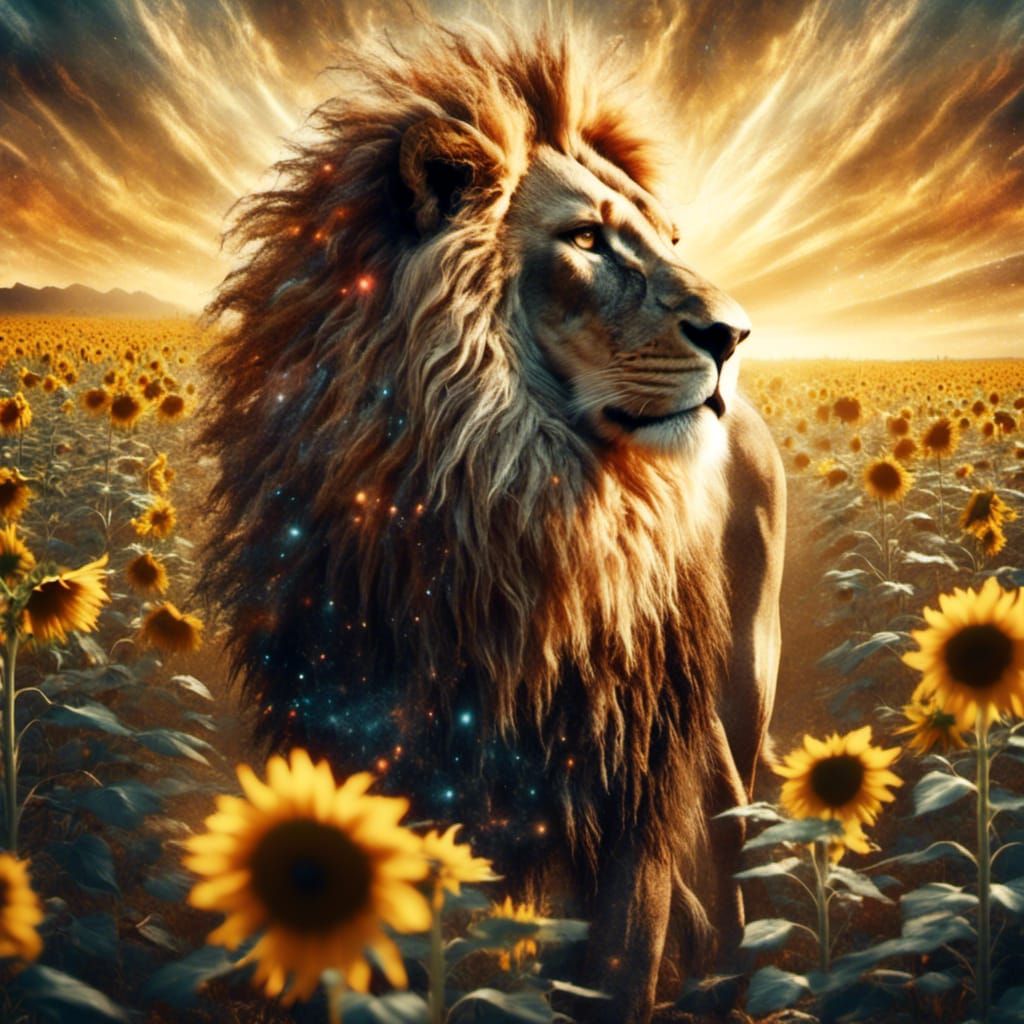 Barbary Lion in Retro-Futuristic Sunflower Dreamscape
