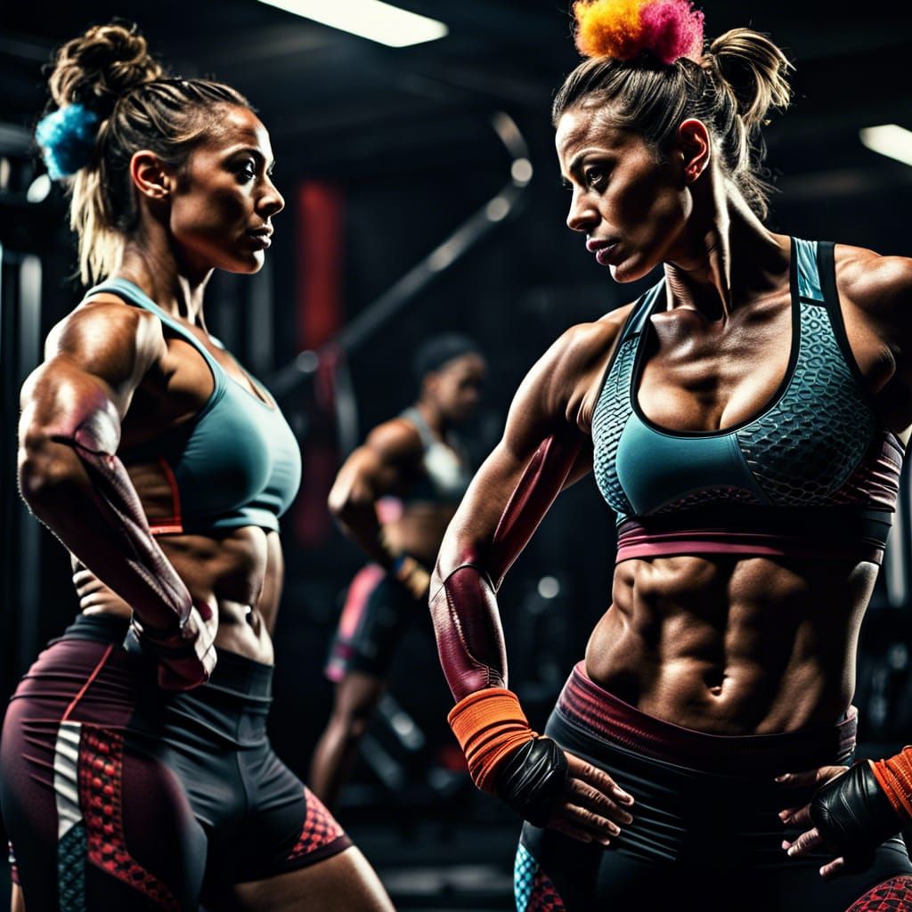 Fitness Clowns: Hyperrealistic, High-Contrast Image