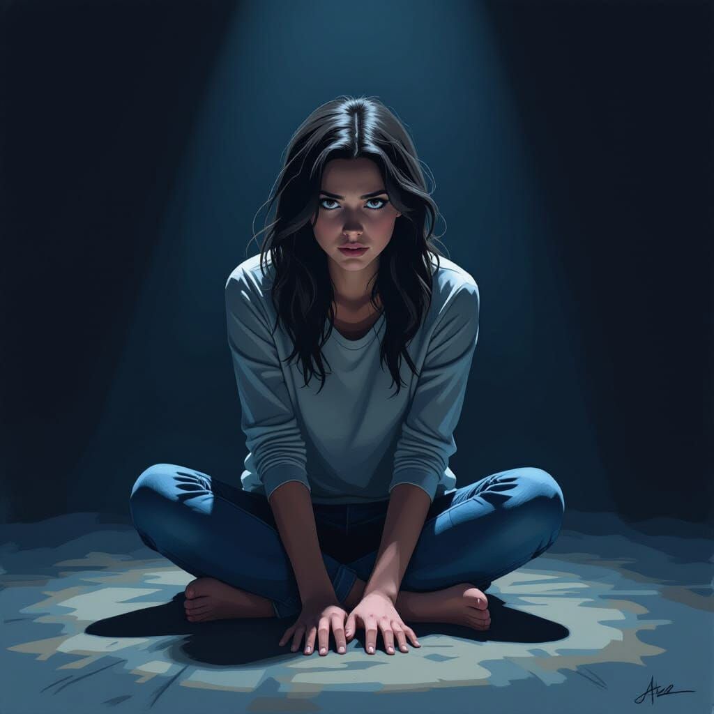 Woman in Shadows with Fearful Expression