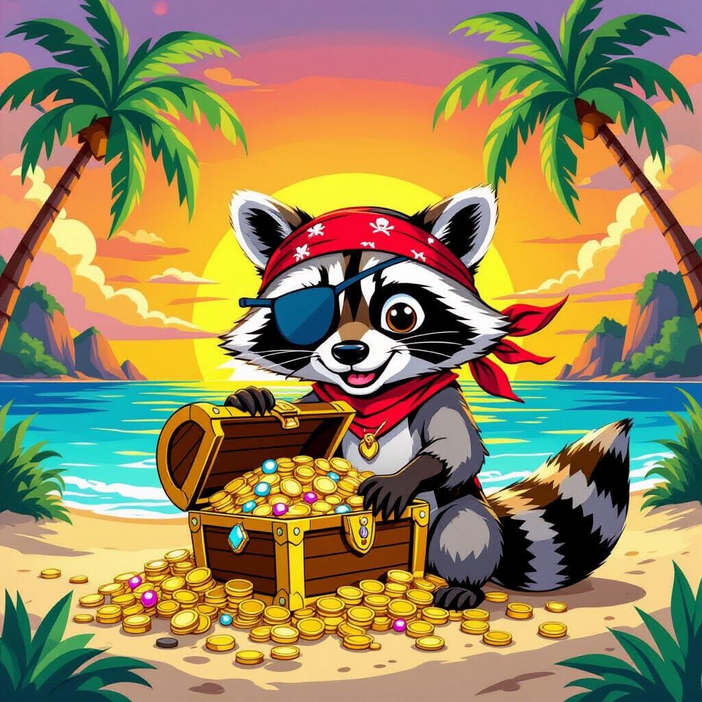 Cartoon Raccoon Pirate Guards Treasure on Tropical Island