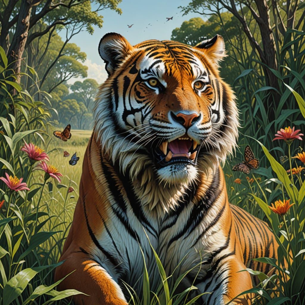 Hyperrealistic Beefcake Tiger in Vibrant African Savannah