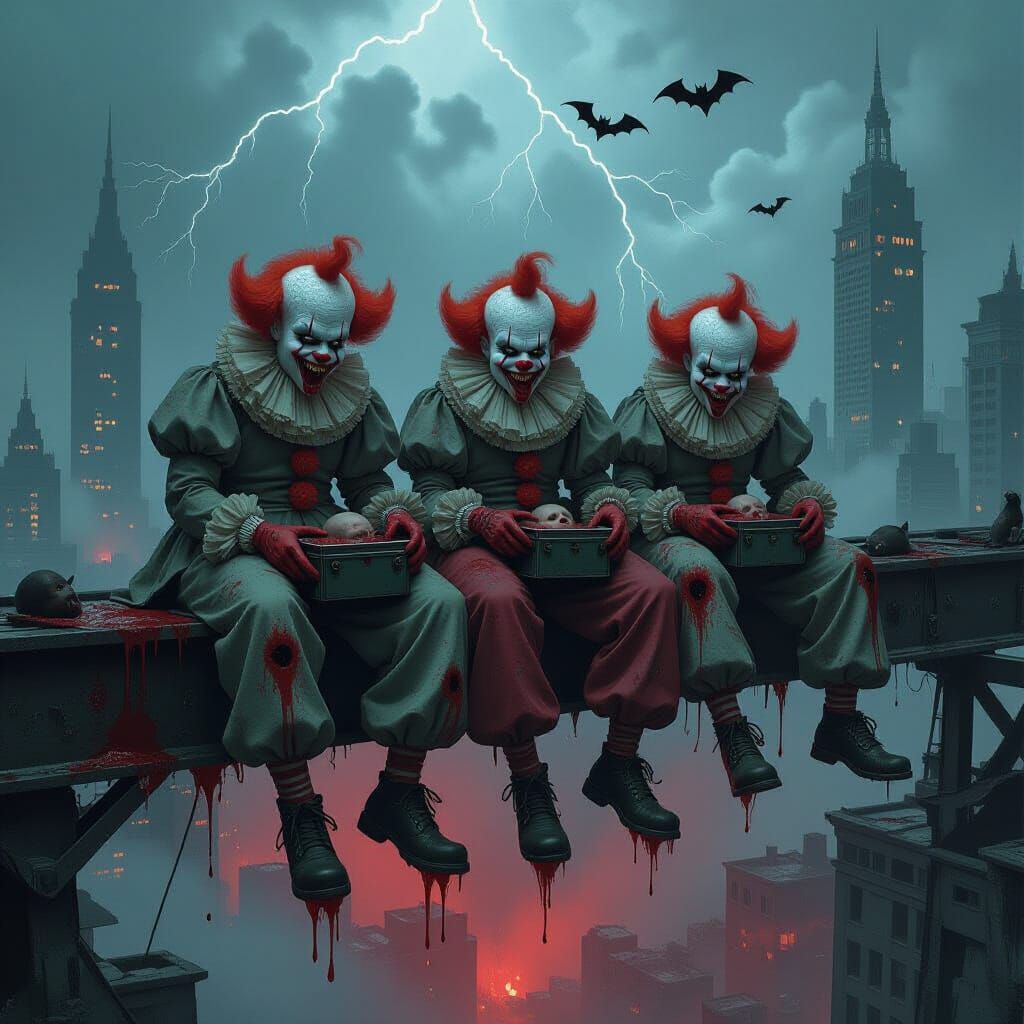 Evil Clowns Feasting Atop Ruined City, Horror Art