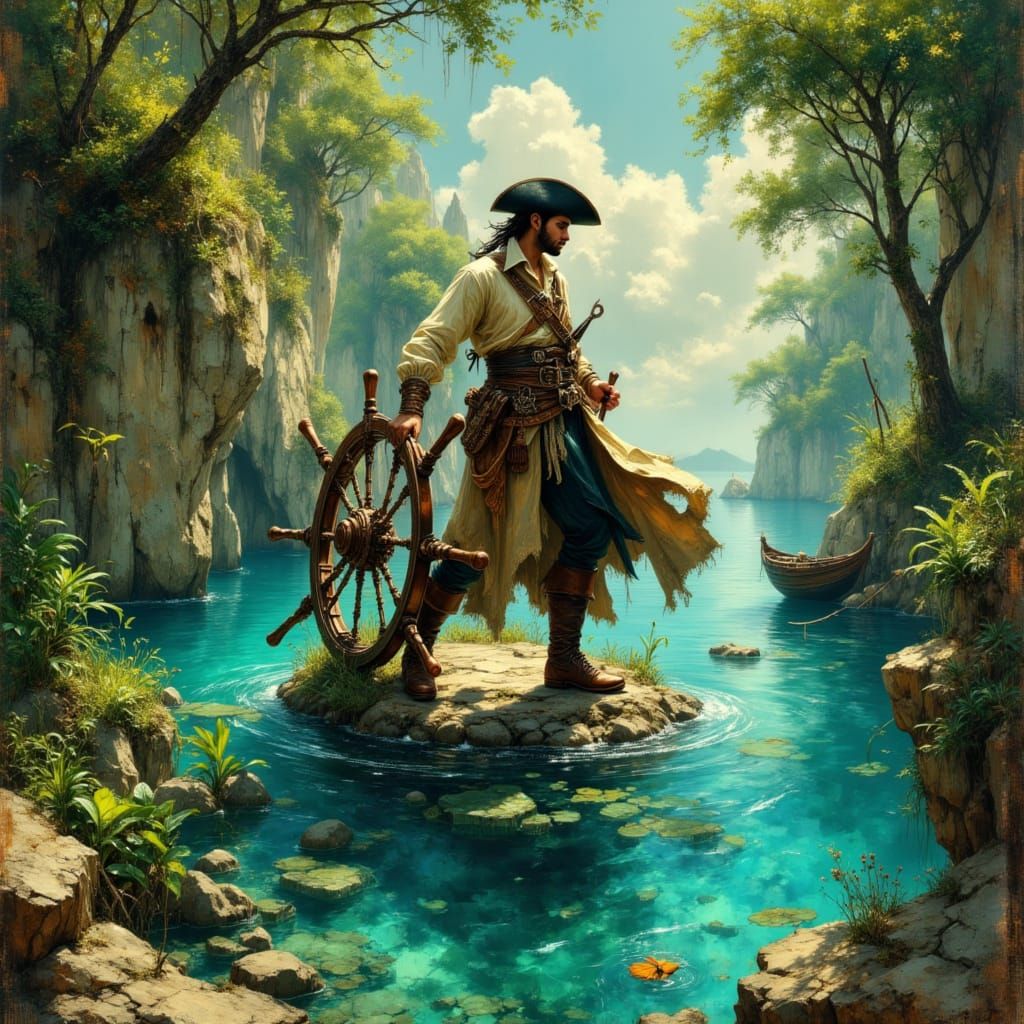 Marooned Helmsman in Turquoise Lagoon, Fantasy Art