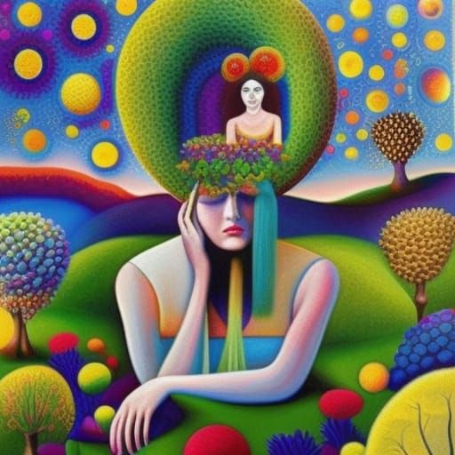 Surreal Garden Dream: A Sleeping Woman's Imagination