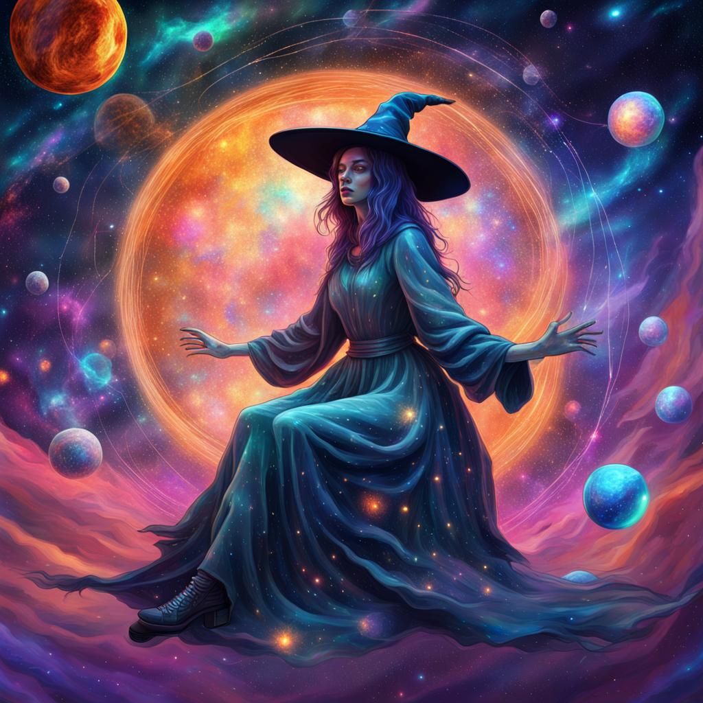 Astral Witch Floating in Cosmic Space Illustration