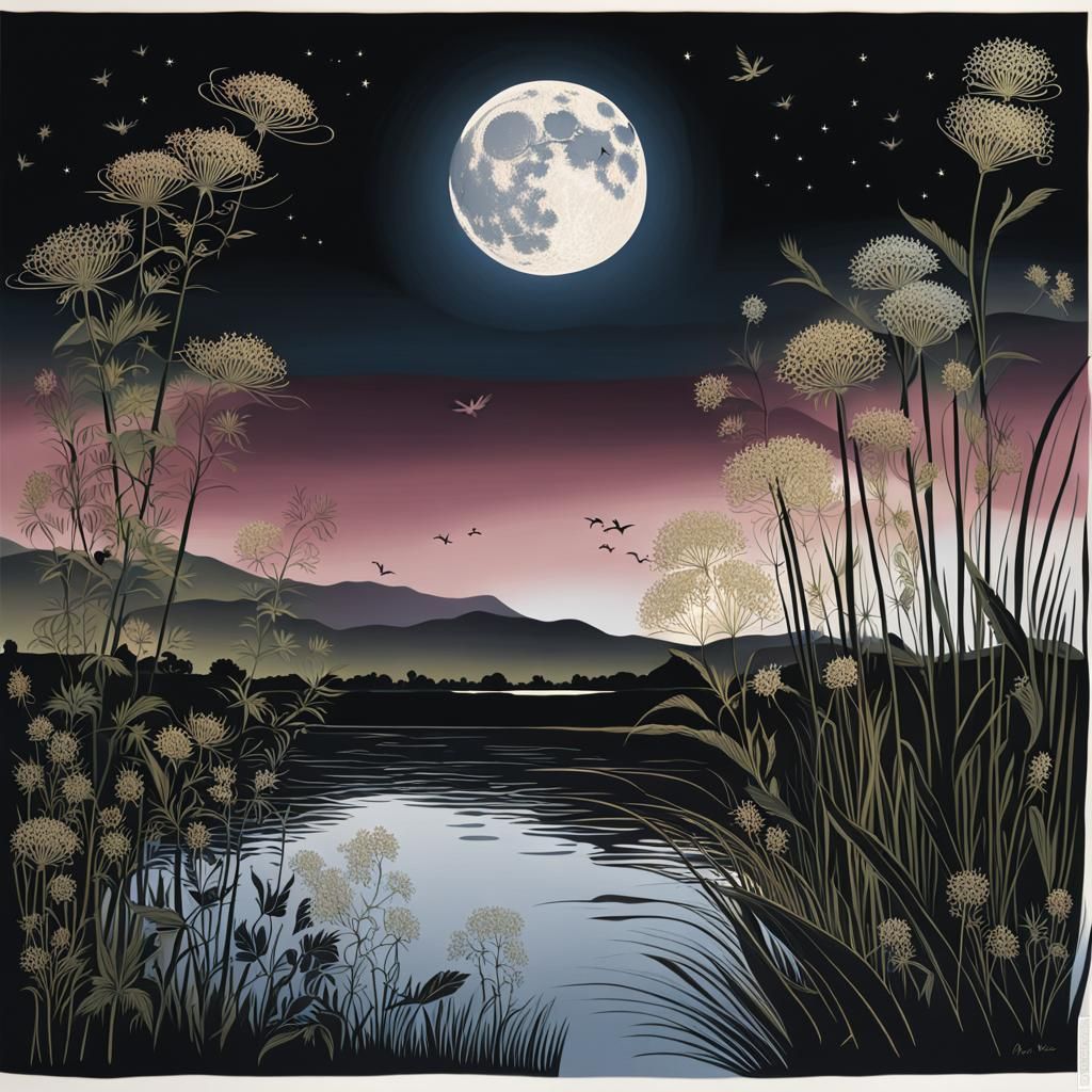 Moonlit River with Silhouetted Weeds in Black-Rose