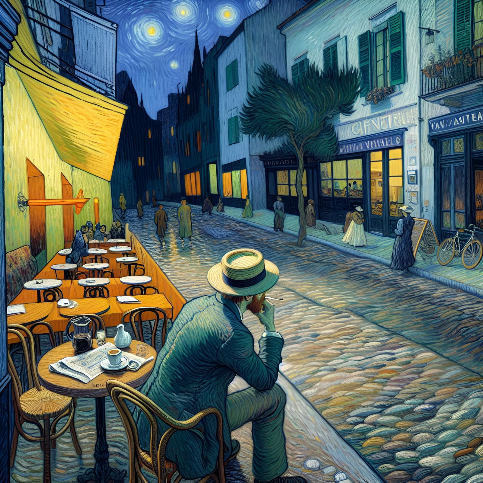 Impressionist Cafe Scene in Van Gogh Style