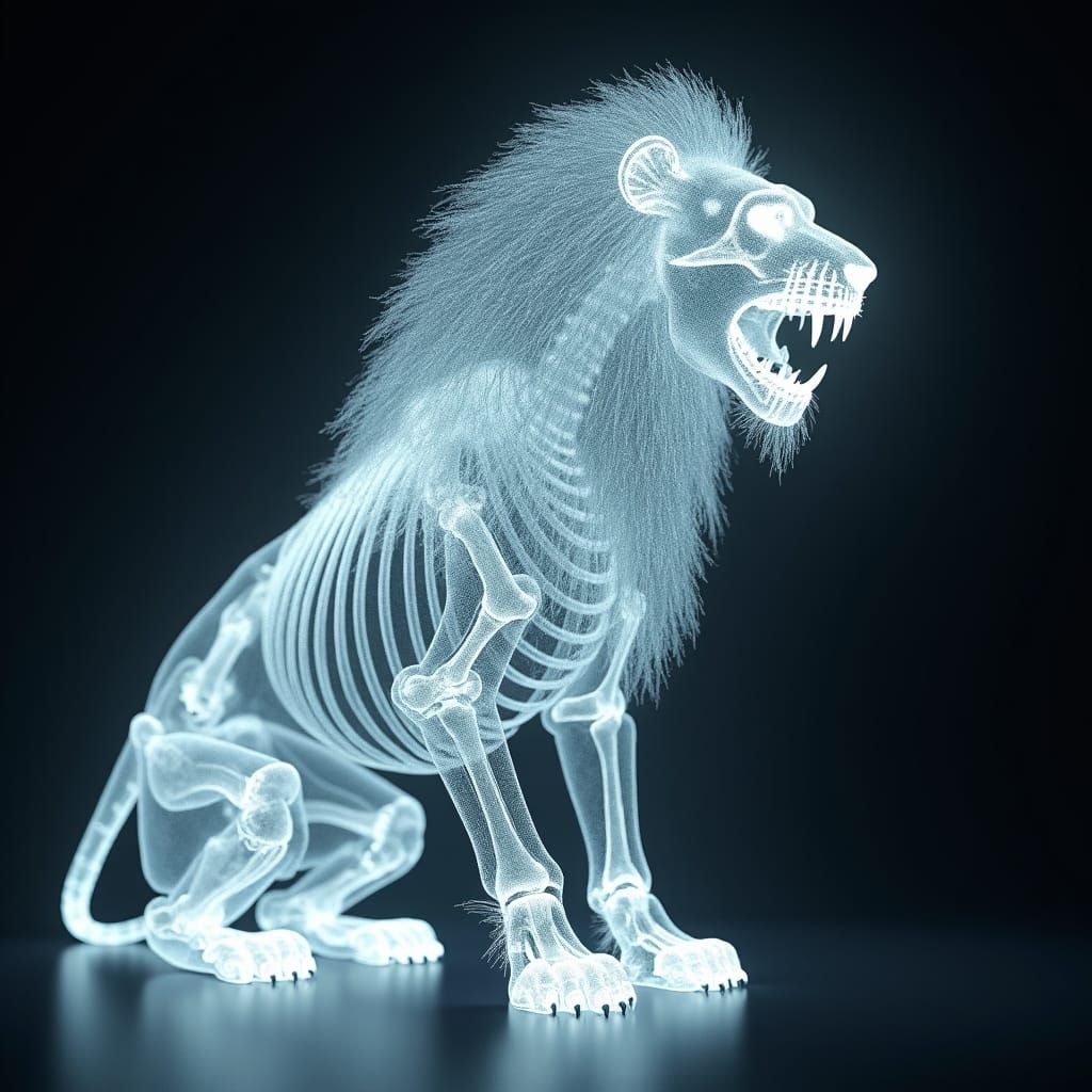 In a pure dark background, a radiant, glowing skeleton LION made of translucent light. lionskeleton roars ,The body o...