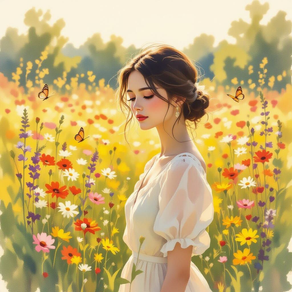 Shy Woman Enters Sunlit Wildflower Meadow in Monet Style