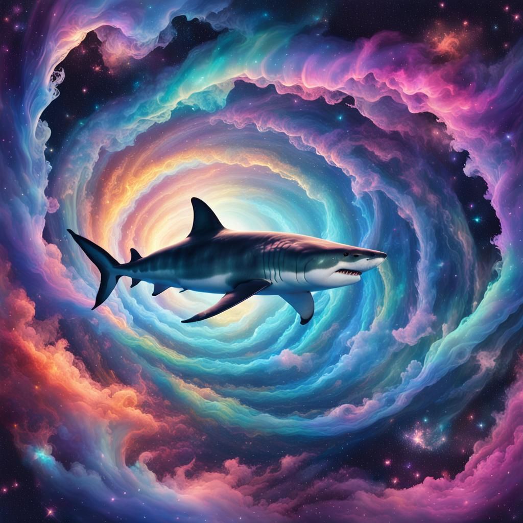 Astral Shark Swimming Through Cosmic Vortex