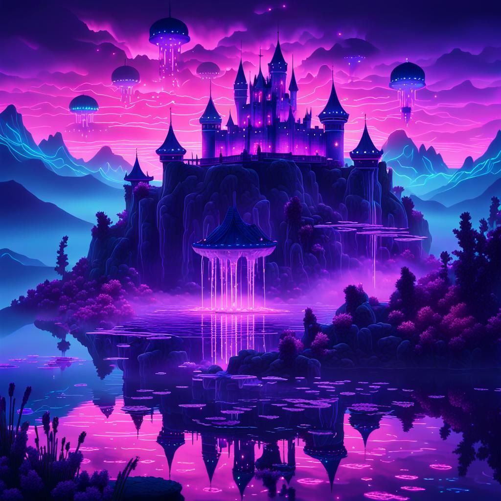 Synthwave Dreamscape: Neon Castle and Dragon Lake