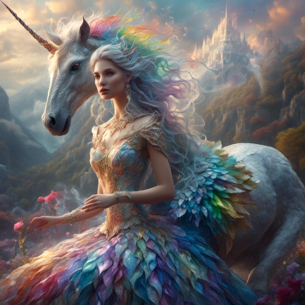 Dragon Queen with Unicorn in Hyperrealism Style