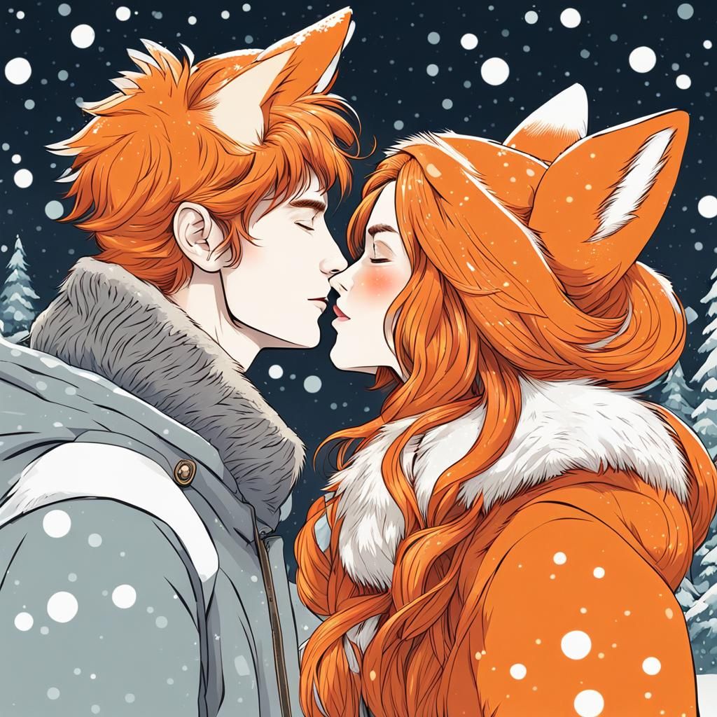 Fox-Human Couple Kissing in Winter Wonderland