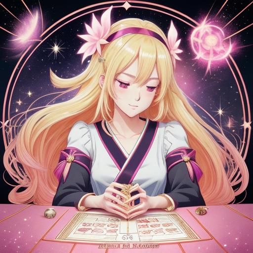 Anime Girl with Phoenix Tarot Cards in Manga Style