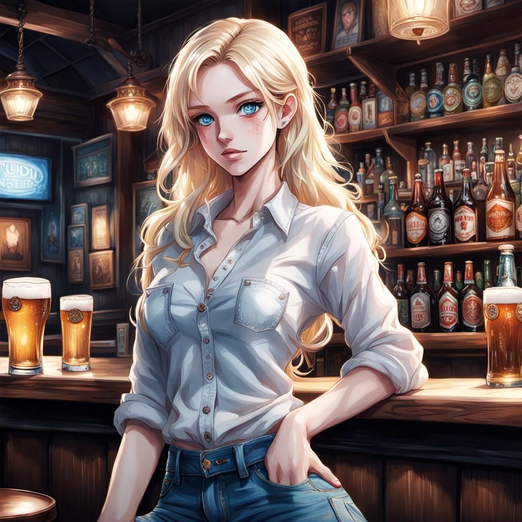 Anime Girl in Pub with Beer, Cel-Shaded Style