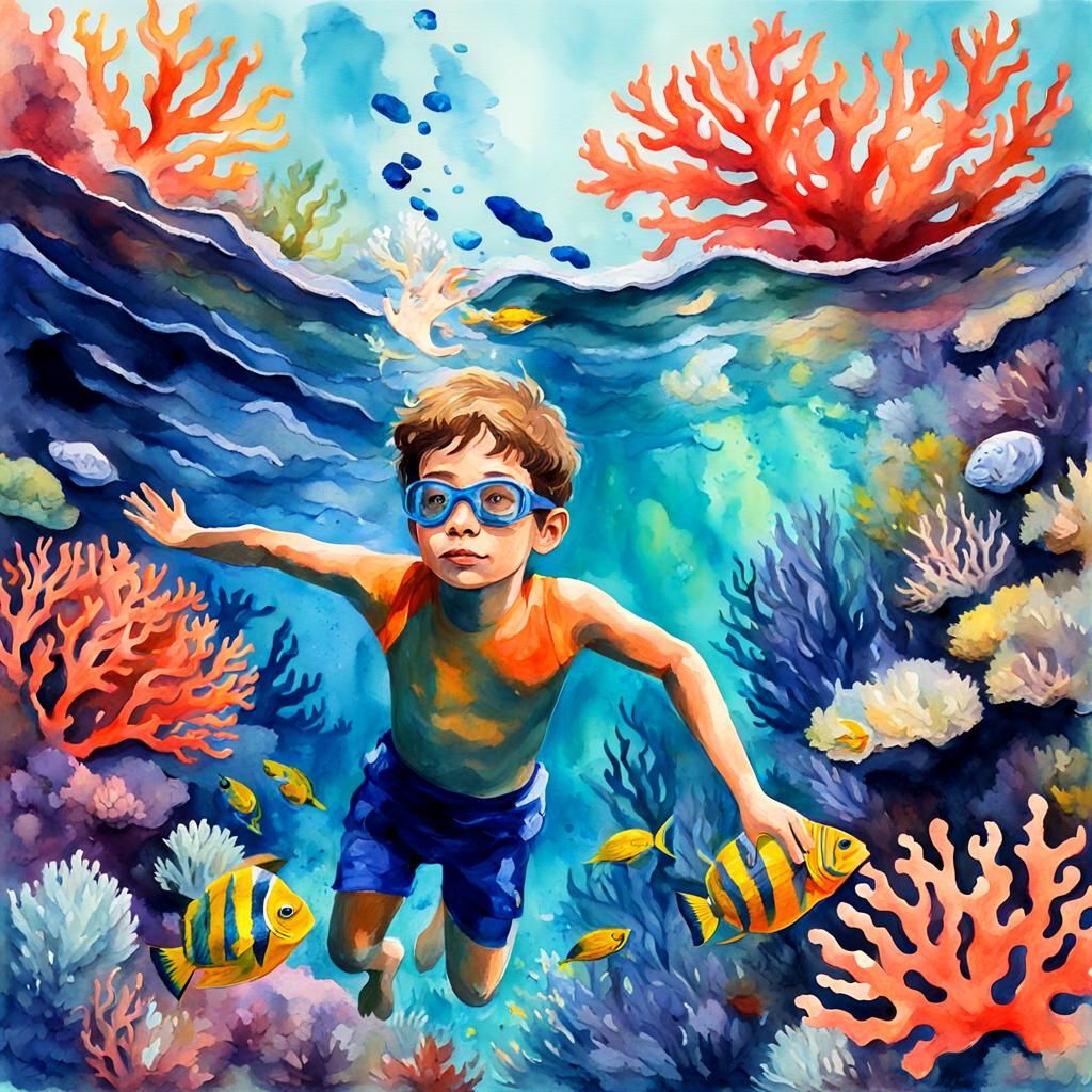 Boy Swimming in Coral Reef: Gouache Impressionist Style
