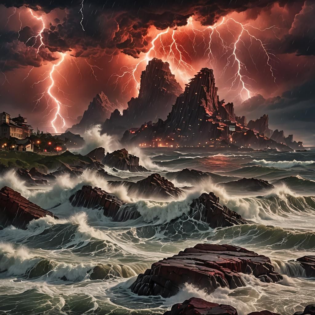 ocean waves violently crashing against jagged rocks under a blood-red sky, heavy rain