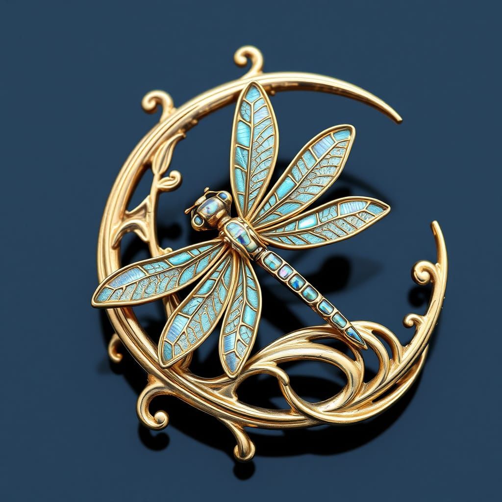 Sensual Art Nouveau Brooch with Dragonfly and Crescent Moon