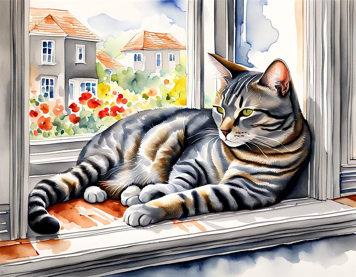 Tabby Cat Nap in Bay Window: 3D Watercolor
