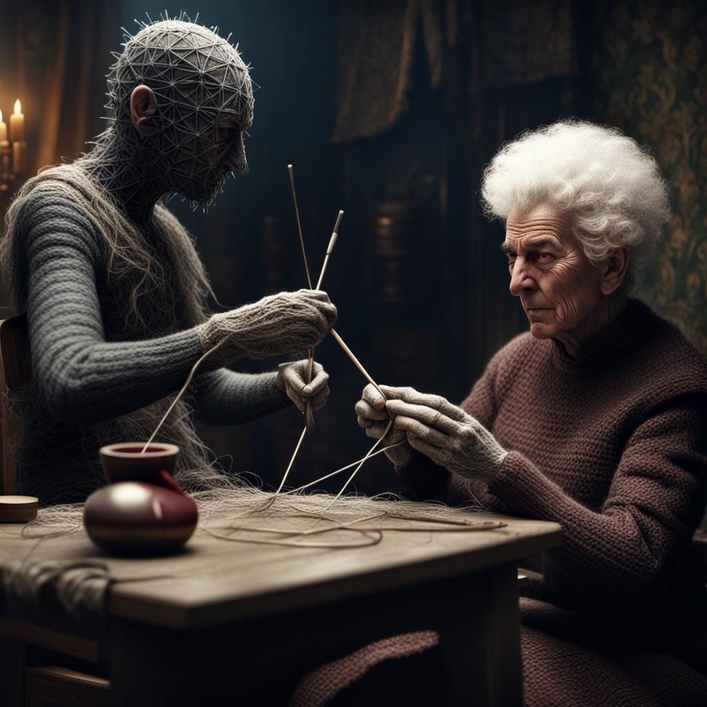Pinhead from Hellraiser helping a Nan to knit