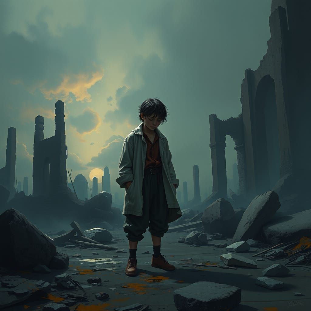 Desolate Boy in Apocalyptic Ruins, Hyperrealism Style