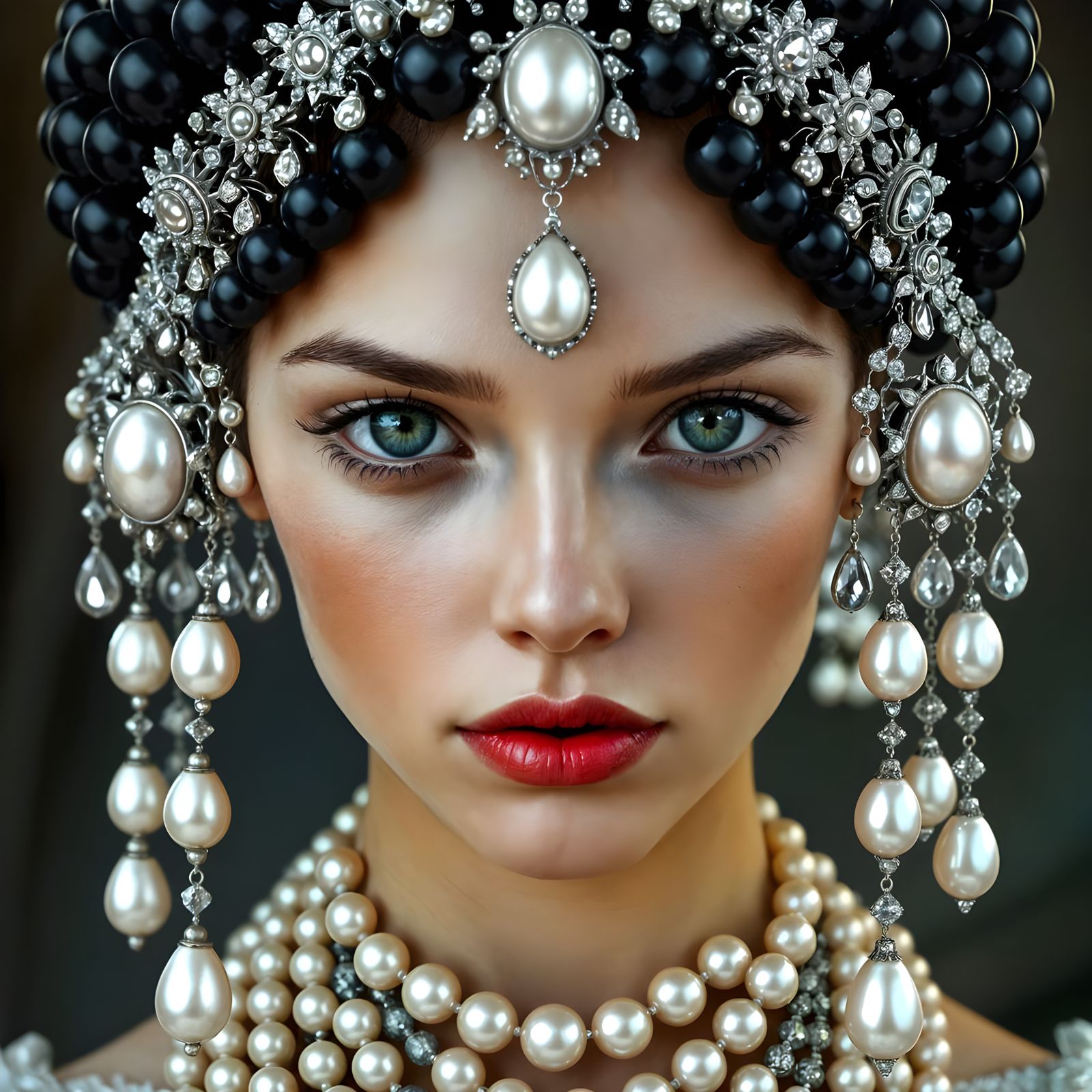 Regal Woman in Pearls Captured in Stunning Close-Up Shot