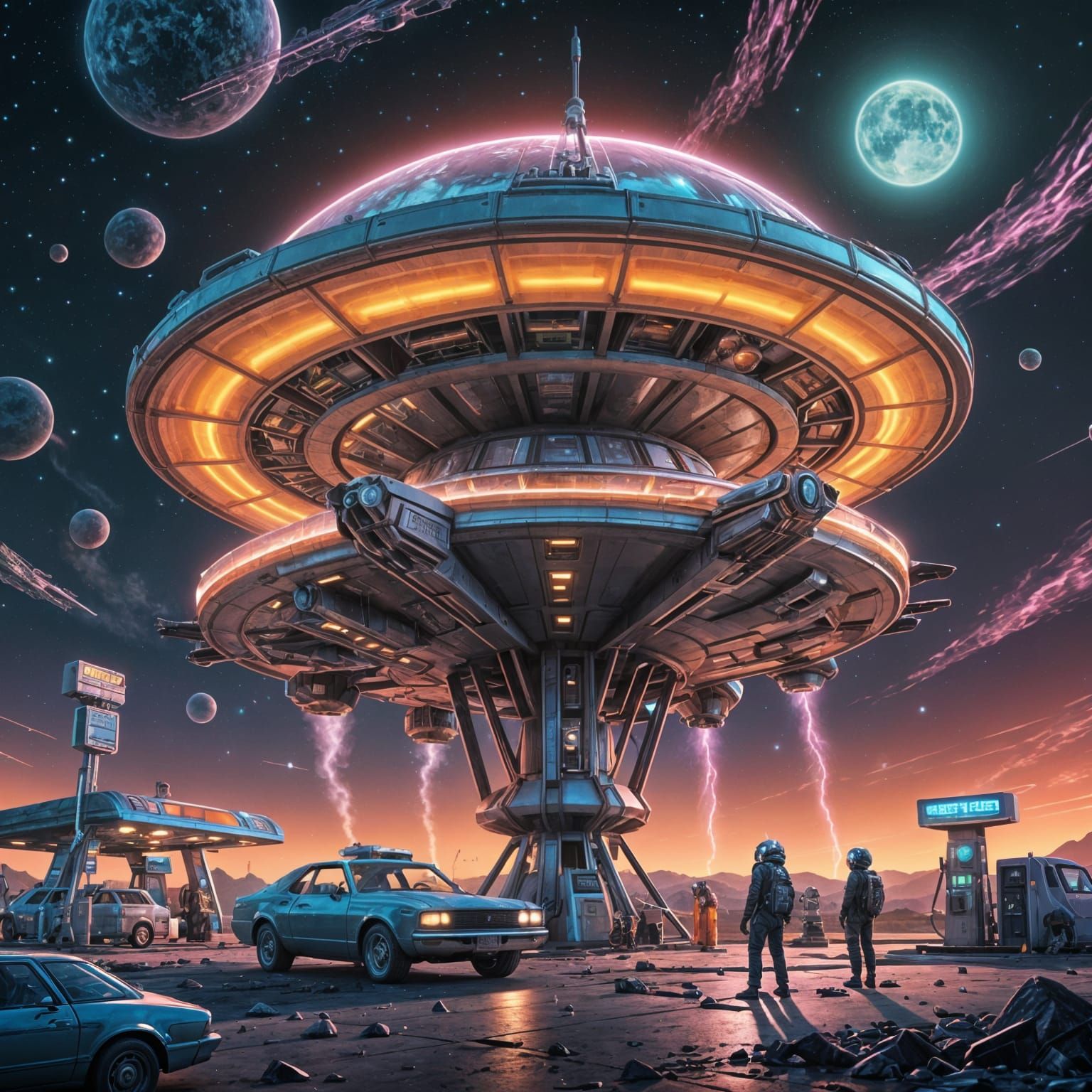 Aliens Fueling Spaceship: Psychedelic Sci-Fi Art