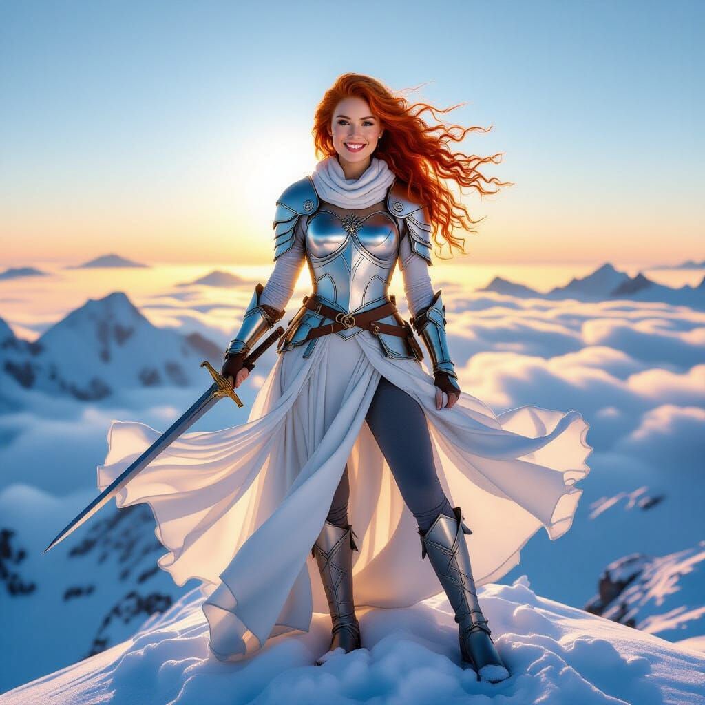Redhead Warrior on Snowy Peak at Sunrise