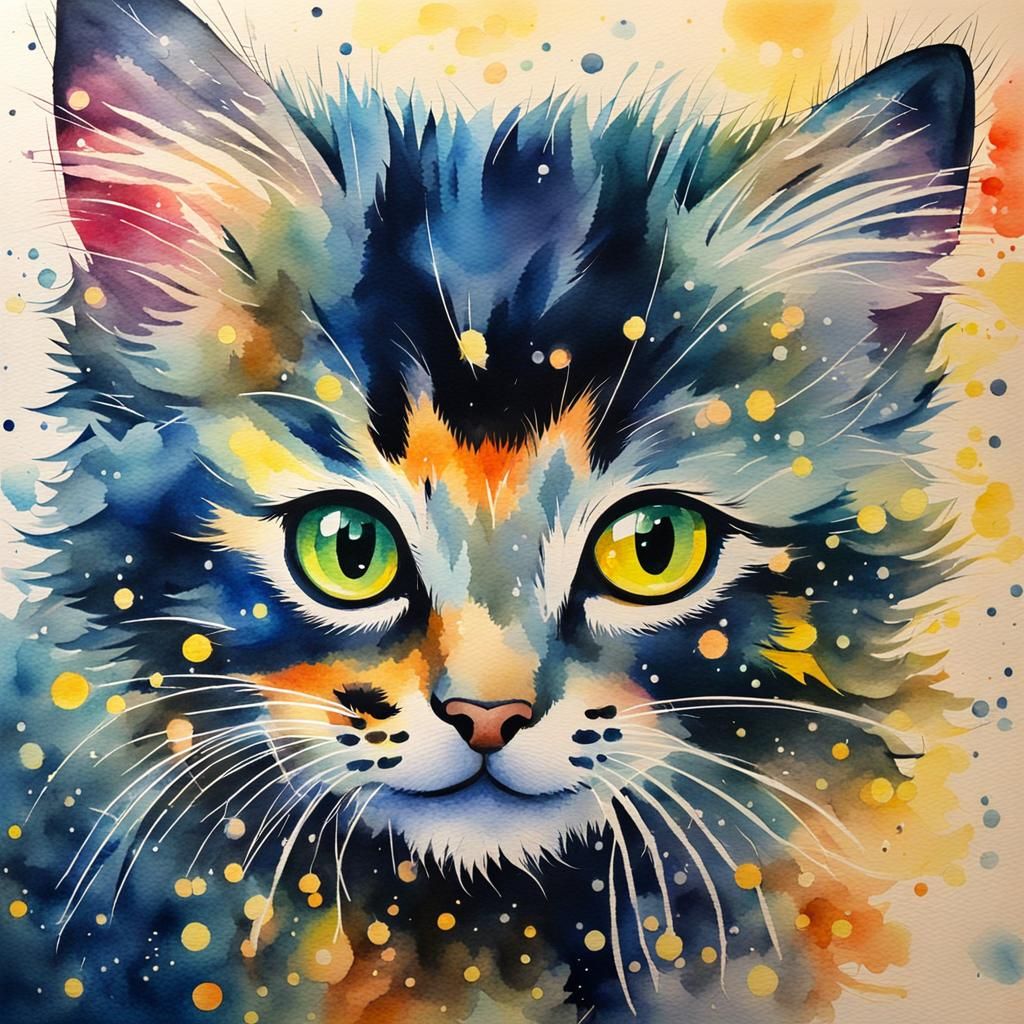 Fluffy Kitten with Fireflies in Watercolour