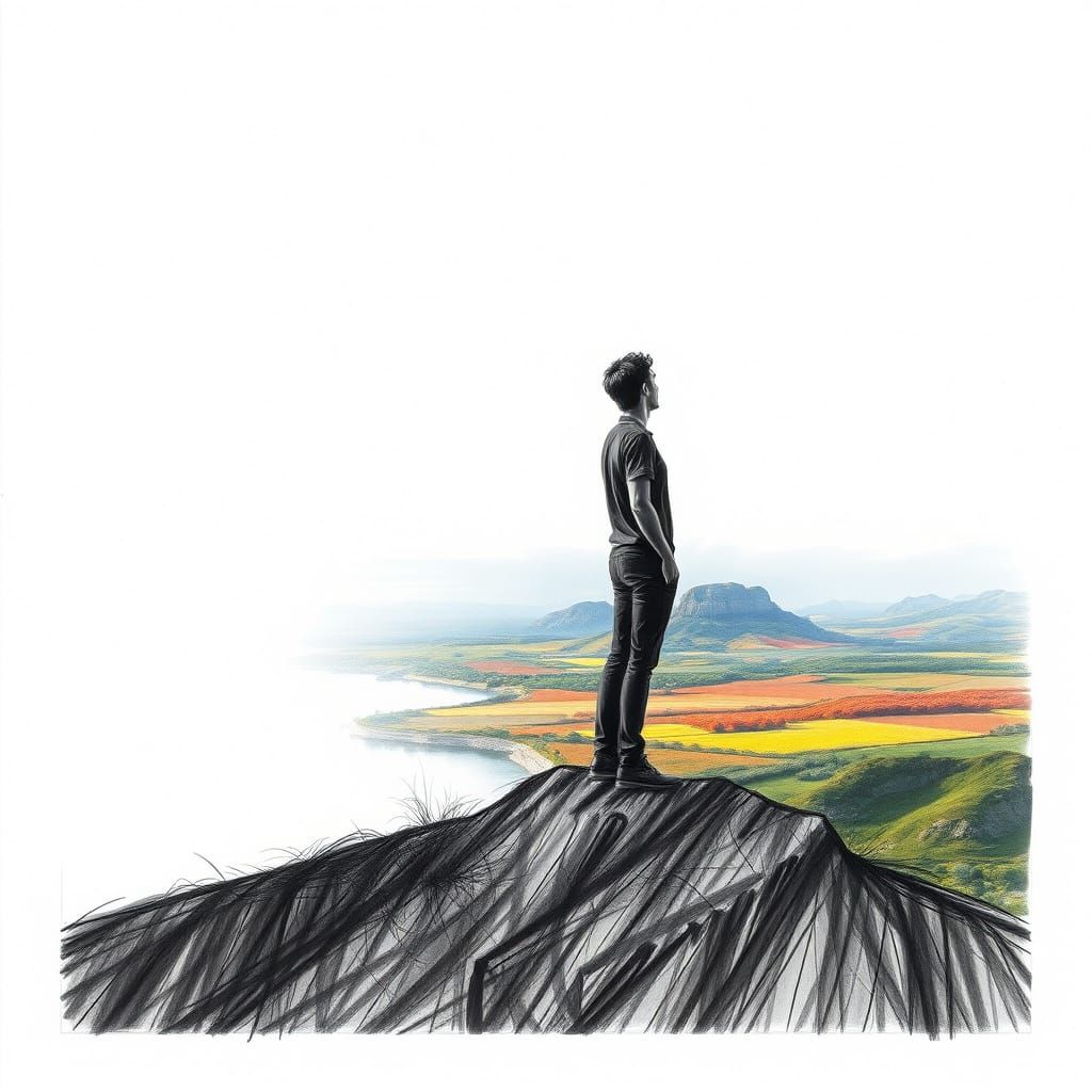 Line Art Dissolving Into Vibrant Landscape